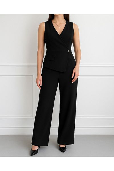My Blog Black Cross Closure Low-Cut Jumpsuit