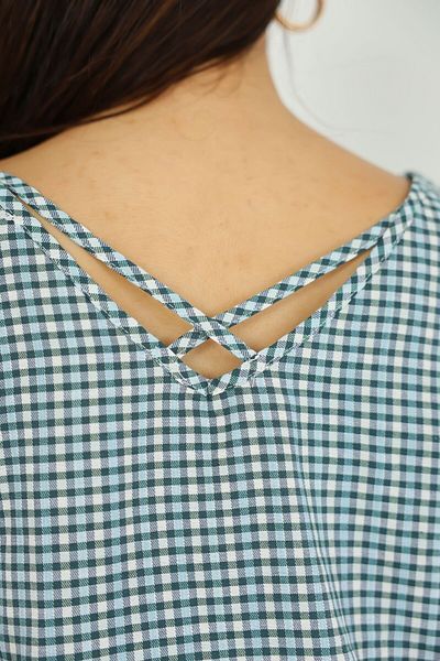 Kübra Tekstil Lupinn Fashion Women's Turquoise White Plaid Pattern V Neck Back Cross Strap Tank Top
