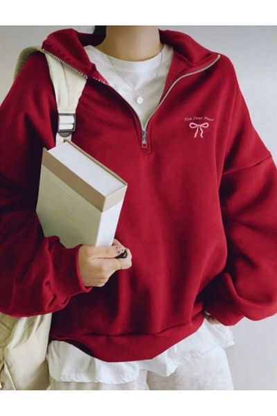 DEZZİİ Red Stand Collar Bow Printed Sweatshirt