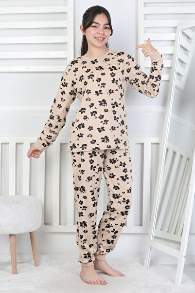 ZUZUNGA Beige Colored Black Floral and Little Heart Girl's Pajama Set