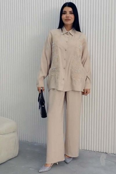 Hatun Atila Summer Embroidered Double Suit 8811 Beige