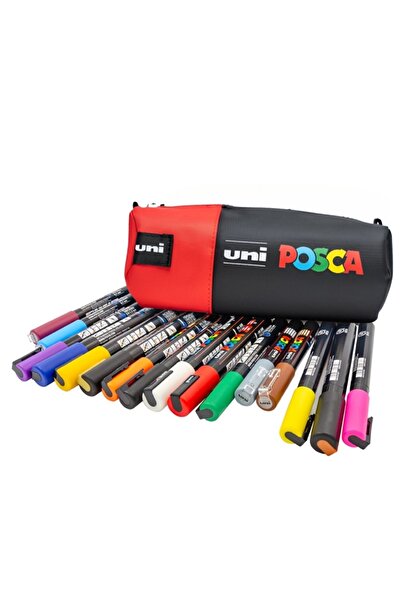 Uni Posca Equipped Pencil Case, Black with Red, 16 Markers (6x PC-5M, 6x PC-3M, 4x PC-1MR)