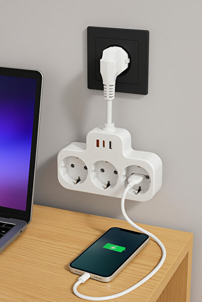 SMAYLİNG 3'lü Priz + 3 USB (1 USB-A + 2 Type-C) Şarj İstasyonu – 10 cm Kablo, Taşınabilir Çoklu Priz