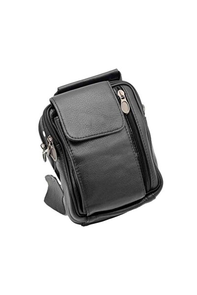 OEM Geantă tip centură bărbătească din piele naturală, neagră, compartiment p...
