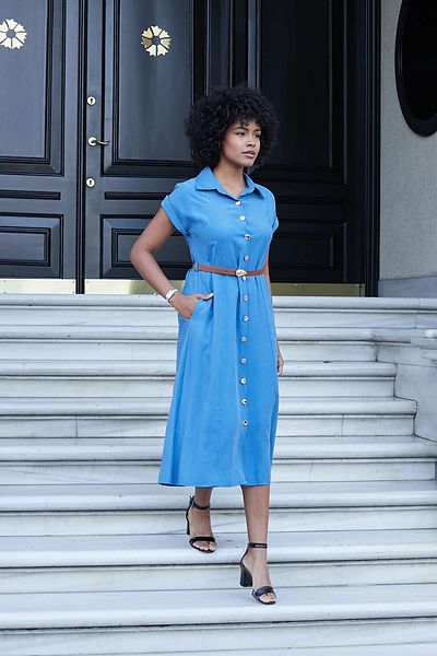Jument Women's Twill Modal Collar Off-Shoulder Double Sleeve Midi Length Knee-Length Dress (Leather Belt Included)-Indigo