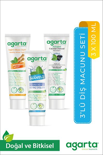 Agarta Set of 3 Natural Fluoride-Free Miswak Active Mint Toothpaste