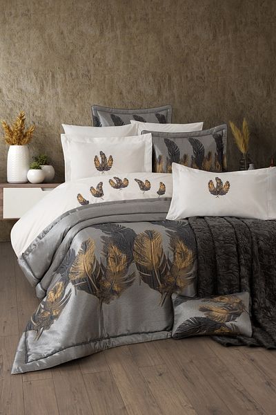 Sevim 11 Piece Dowry Set with Blanket - Taffeta Bedspread & Duvet Cover Dowry Set-Peludo-Grey