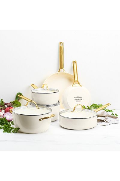 Greenpan Padova Cream 10 Piece Cookware Set – Diamond Reinforced Thermolon ™   Surface, Induction Compatible, 2