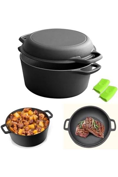 SHEWOW AzzmaAii 2-in-1 Cast Iron Dutch Oven with Lid Skillet Pan