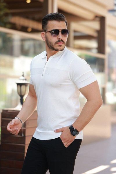 Aymood Men's Chest Rice Pattern Zipper Collar Short Sleeve T-Shirt