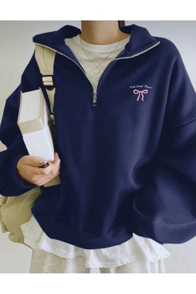 DEZZİİ Navy Blue Stand Collar Bow Printed Sweatshirt
