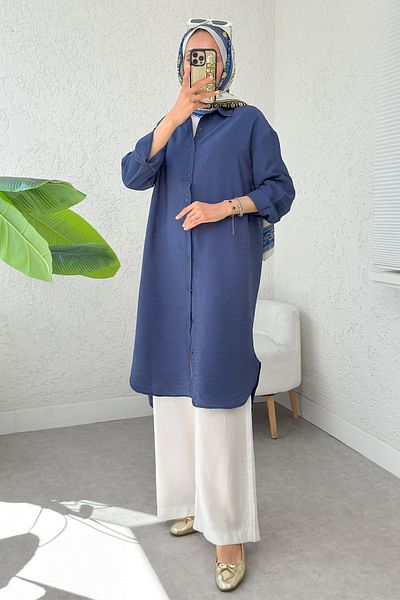 Salih Çelebi Tunica lunga hijab cu nasturi 612139 - ALBASTRU ÎNCHIS
