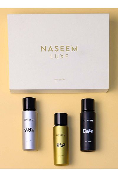 Naseem LUXE COLLECTION Gift Set for Men | Premium Aqua Perfumes (WORK, RIZZ, DATE) | 30ML Each | Masculine