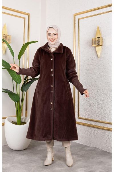 Hb Harma Time Butik Women's Lined Angora Buttoned Brown Coat