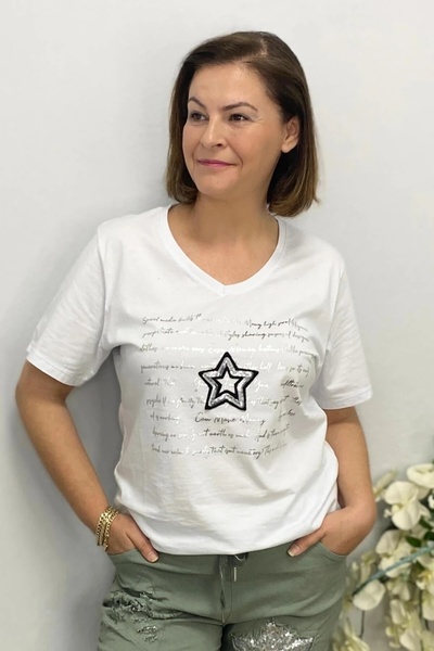 Mia Butik Women's White Star Foil Printed T-Shirt