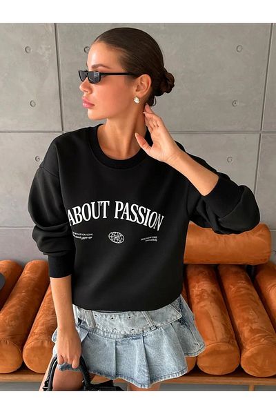 sole stories Oprah Women's 100% Cotton Crew Neck Oversize Fit Long Sleeve Black Printed Sweatshirt