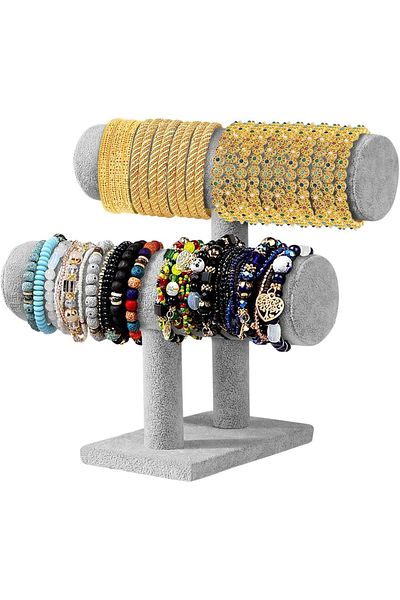co arma Grey Velvet 2-Tier T-Shaped Jewelry Display Stand