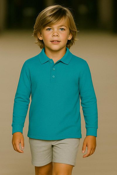 FERRY BUTİK Unisex Children's Solid Color Basic Polo Neck Long Sleeve School T-Shirt