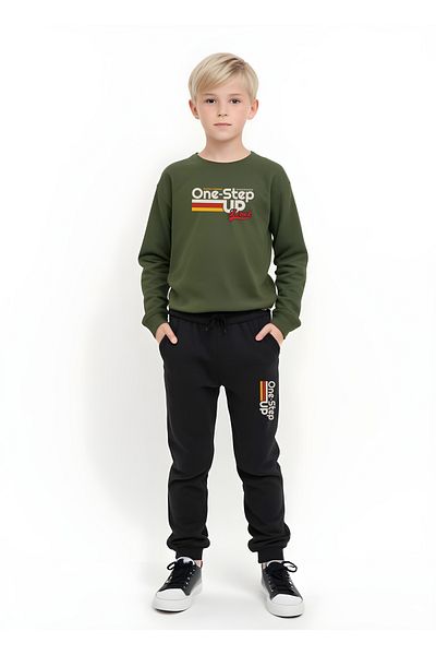 panios kids Crew Neck One Step up Print Detailed Boys' Top and Bottom Set