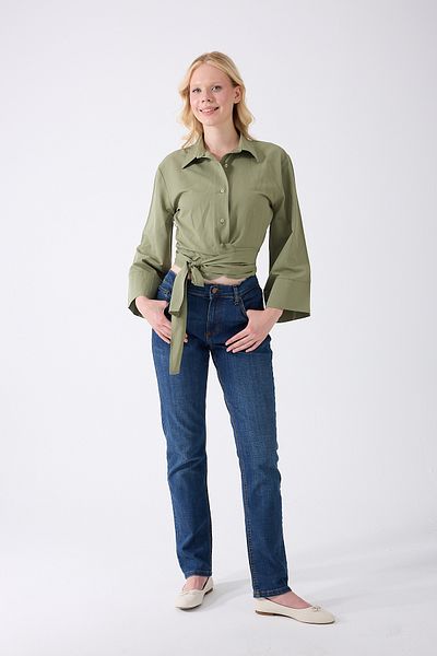 Fumel Women's Khaki Spanish Sleeve Tie Waist Belted Shirt