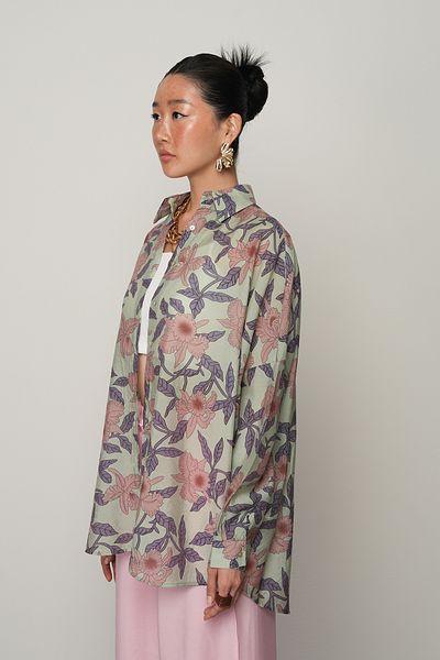 Orfeo Negro Women's Green Color Flower Patterned Oversize Cut Shirt