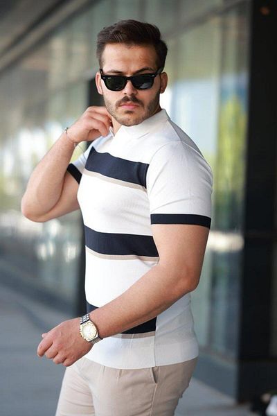 Aymood Men's Stripe Pattern Nurse Collar Short Sleeve T-Shirt