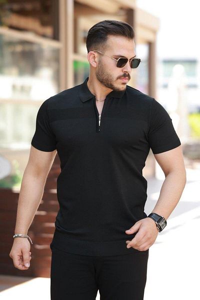 Aymood Men's Chest Rice Pattern Zipper Collar Short Sleeve T-Shirt