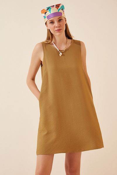Lovelyİstanbul Sleeveless Linen Viscose Bell Dress Ljh0001 Dark Beige