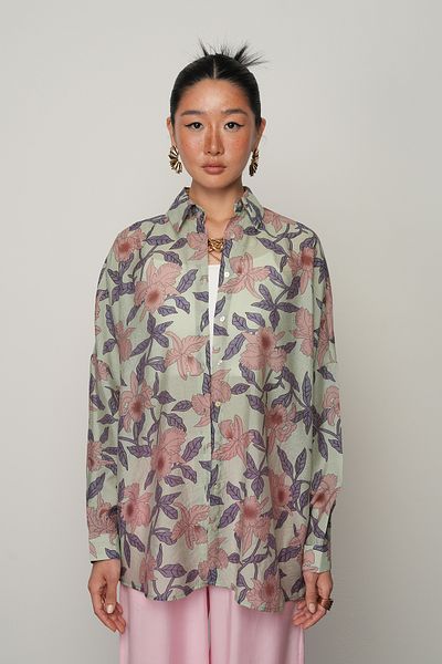 Orfeo Negro Women's Green Color Flower Patterned Oversize Cut Shirt