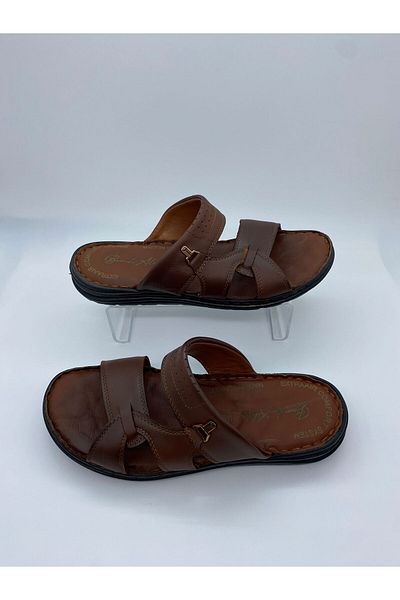 BURAK ALDAY SHOES Men's Genuine Leather Massage Sole Brown Slippers