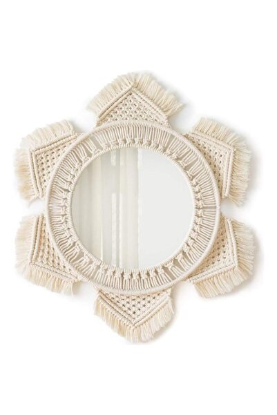 Generic مرآة حائط بوهو دائرية معلقة من المكرمية لتزيين غرفة النوم وغرفة المعيشة
