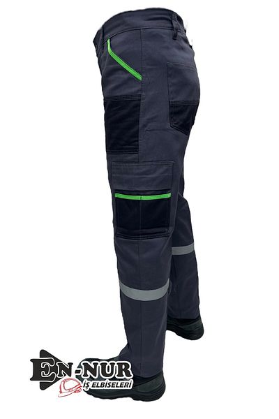 EN-NUR İŞ ELBİSELERİ En-Nur Workline Neon Green Detailed Multi-Pocket Gray Work Pants