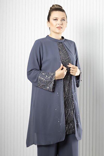 Fahima Σετ τουνίκ πανταλόν από σιφόν με κεντημένη παγιέτα γκρι FHM966