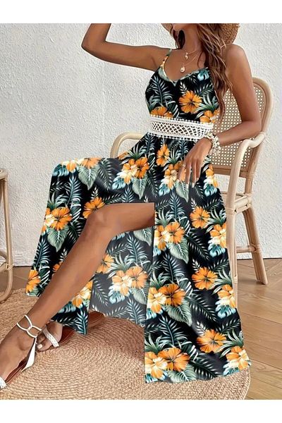 Modayakamoz New Season Women's Rope Strap V-Neck Waist Guipure Flower Pattern Side Slit Maxi Single Jersey Dress
