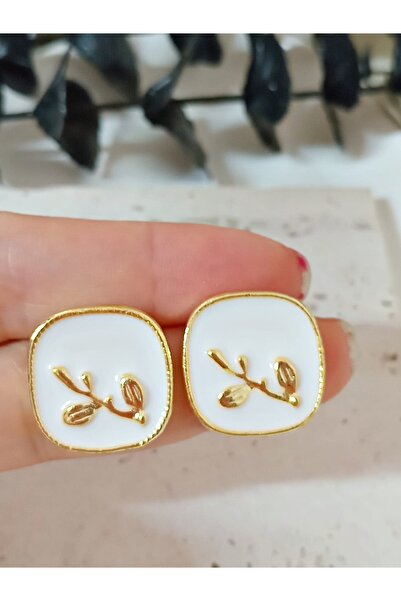 mos&more White Enamel Gold Square Earrings