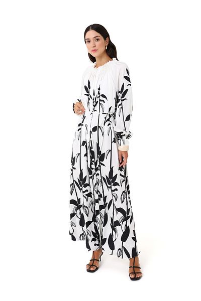 Refka Patterned Hijab Dress with Gipe Detail at the Collar - Black - White -