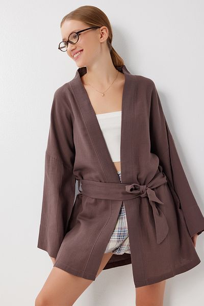 Lovelyİstanbul Belted Muslin Kimono Ljh0007 Brown