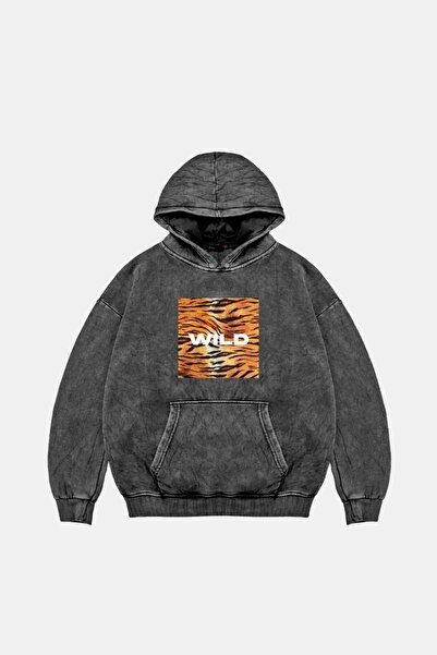 Bak Moda Μαύρο φούτερ με κουκούλα με στάμπα Wild, Unisex, που πλένεται