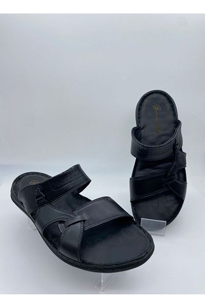 BURAK ALDAY SHOES Men's Genuine Leather Massage Sole Black Slippers