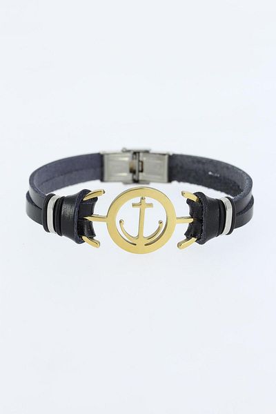 BESKAR Black Color Leather Men's Bracelet with Gold Color Sea Anchor Figure and Metal Accessories