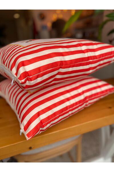 RahanDesign Children's Room Red Striped Decorative Throw Pillow Case Set - Suede Throw Pillow Case Set - 43X43Cm
