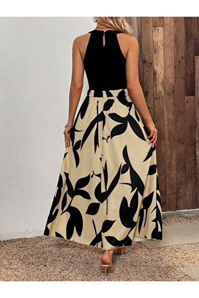 Viyamo Yeni Sezon Kadın Sıfır Kol Yakadan Şeritli Omuzlardan Açık Janjan Krep Desenli Maxi Elbise