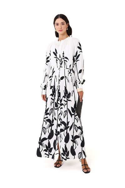 Refka Patterned Hijab Dress with Gipe Detail at the Collar - Black - White -