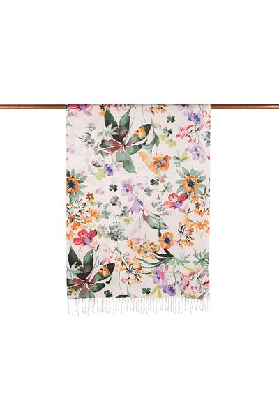 ipekevi White Petrol Botanical Garden Patterned Silk Shawl