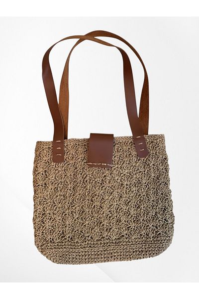 Pajama Shop Women's Shoulder Bag Leather Strap Straw Knitted Handmade Lined Handmade Design with Inside Pocket