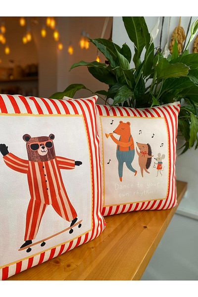 RahanDesign Children's Room Red Striped Decorative Set of 2 Throw Pillow Cases - Suede Throw Pillow Case Set - 43X43Cm