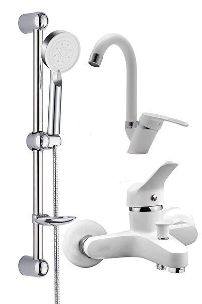 VSA Beyaz Sürgülü Duş Seti Mat Beyaz 3 Parça Mix Banyo Duş Batarya Seti Garan...