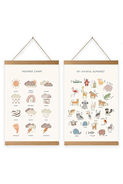 Generic ملصقات تعليمية عن أبجدية الحيوانات والطقس مع شماعات خشبية، قطعتان مقا...