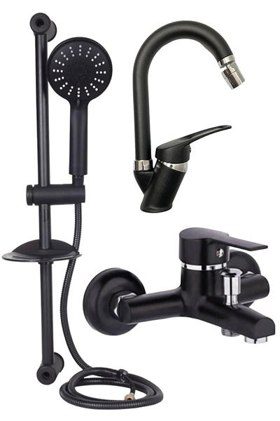 VSA Siyah Sürgülü Delta Banyo Lavabo Batarya Duş Seti Garantili Musluk Aynı Ü...