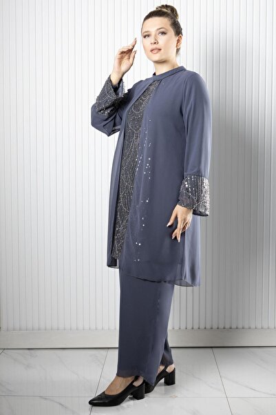 Fahima Stone Sequin Embroidered Chiffon Pant Tunic Suit Gray Fhm966